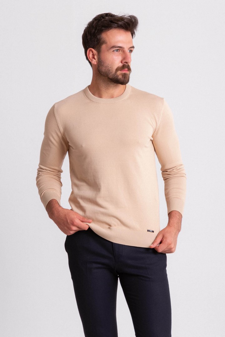 Beige Color Elastan And Viscose Fabric With Crew Neck And Long Sleeved Detail Casual Men's Knitwear