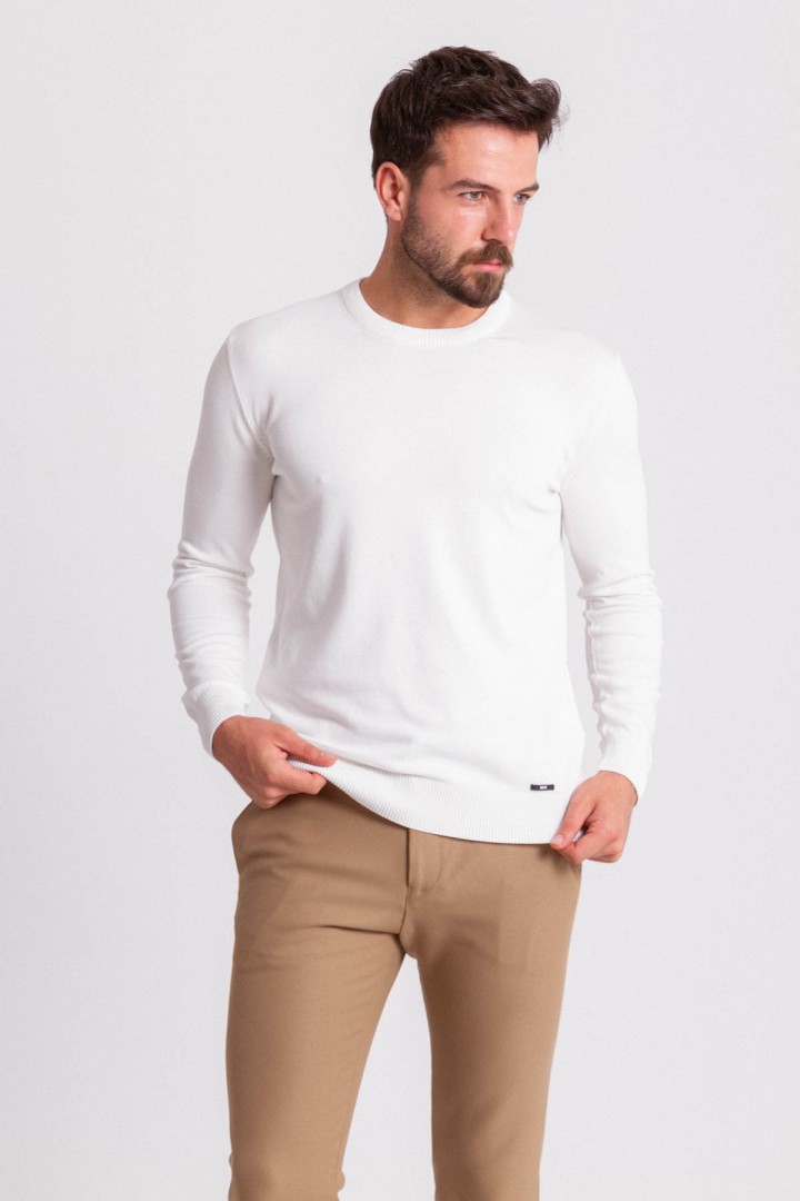 Ecru Color Elastan And Viscose Fabric With Crew Neck And Long Sleeved Detail Casual Men's Knitwear