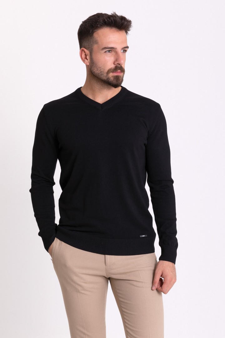 Black Color Elastan And Viscose Fabric With V Neck And Long Sleeved Detail Casual Men's Knitwear