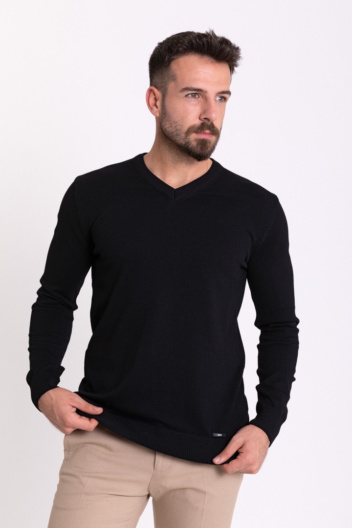 Black Color Elastan And Viscose Fabric With V Neck And Long Sleeved Detail Casual Men's Knitwear
