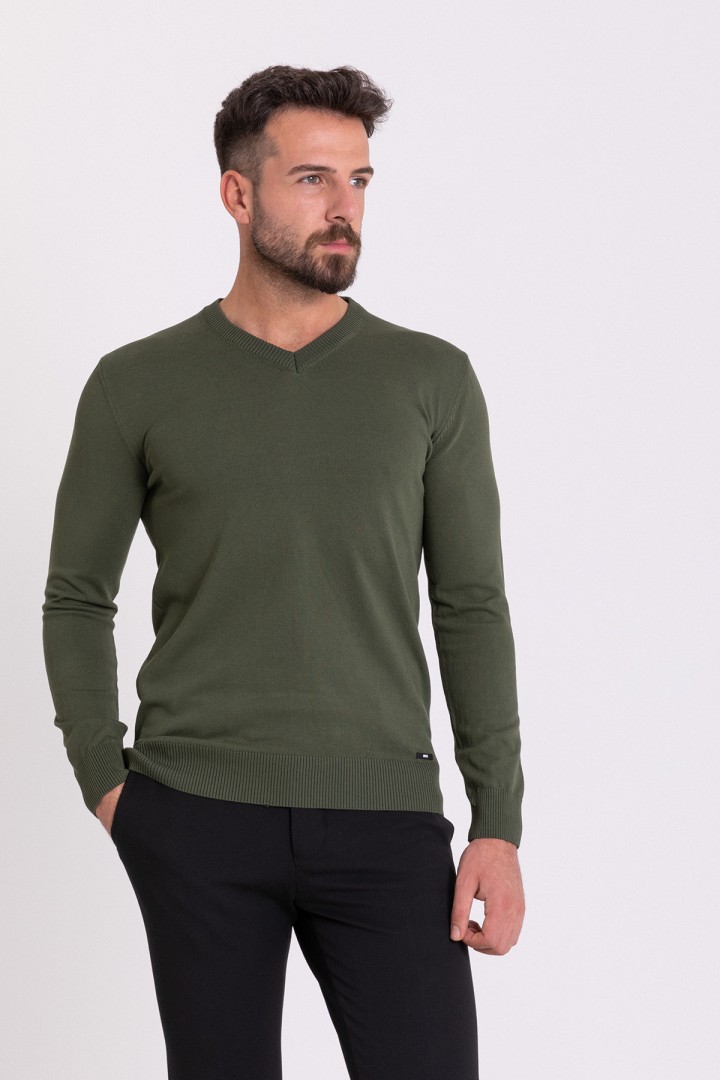 Khaki Color Elastan And Viscose Fabric With V Neck And Long Sleeved Detail Casual Men's Knitwear