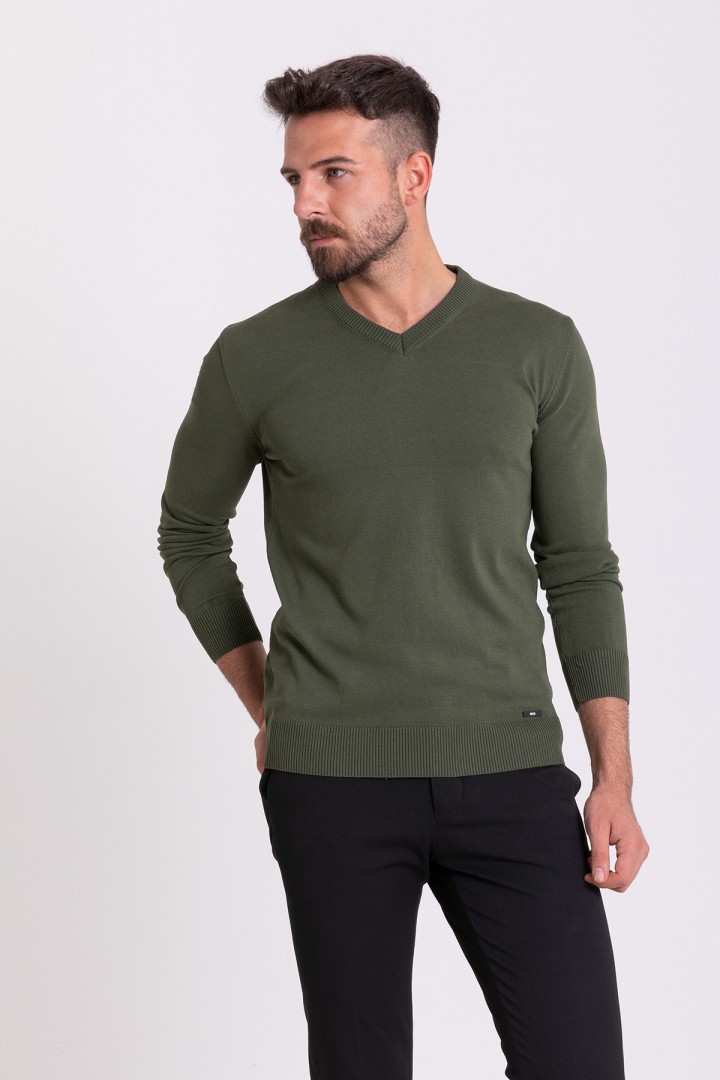 Khaki Color Elastan And Viscose Fabric With V Neck And Long Sleeved Detail Casual Men's Knitwear