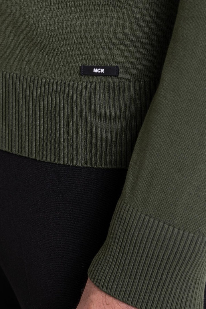 Khaki Color Elastan And Viscose Fabric With V Neck And Long Sleeved Detail Casual Men's Knitwear