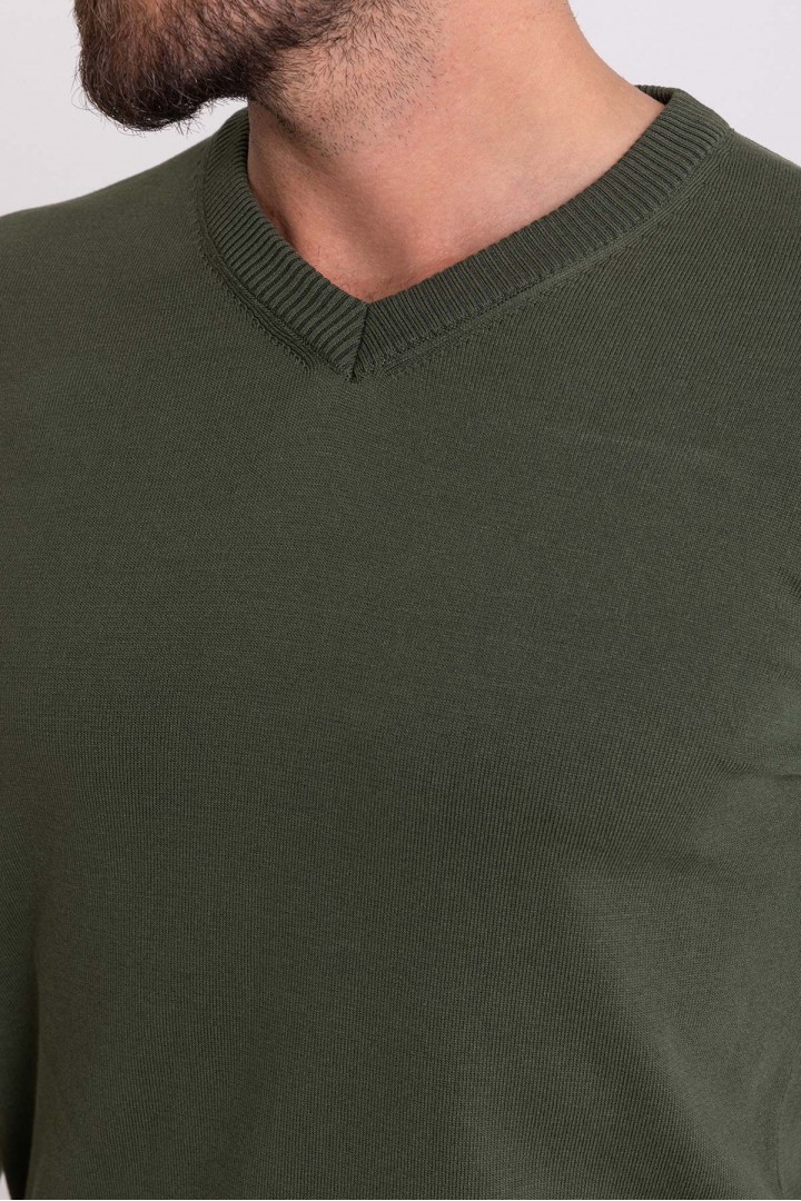 Khaki Color Elastan And Viscose Fabric With V Neck And Long Sleeved Detail Casual Men's Knitwear