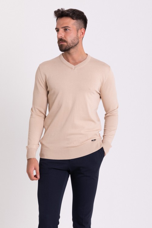Beige Color Elastan And Viscose Fabric With V Neck And Long Sleeved Detail Casual Men's Knitwear