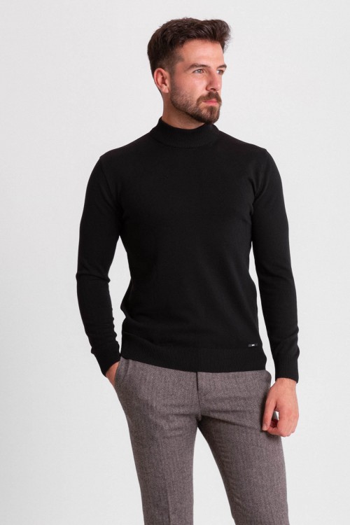 Black Color Viscose And Elastane Fabric With Mock Turtleneck Detail Casual Men's Knitwear