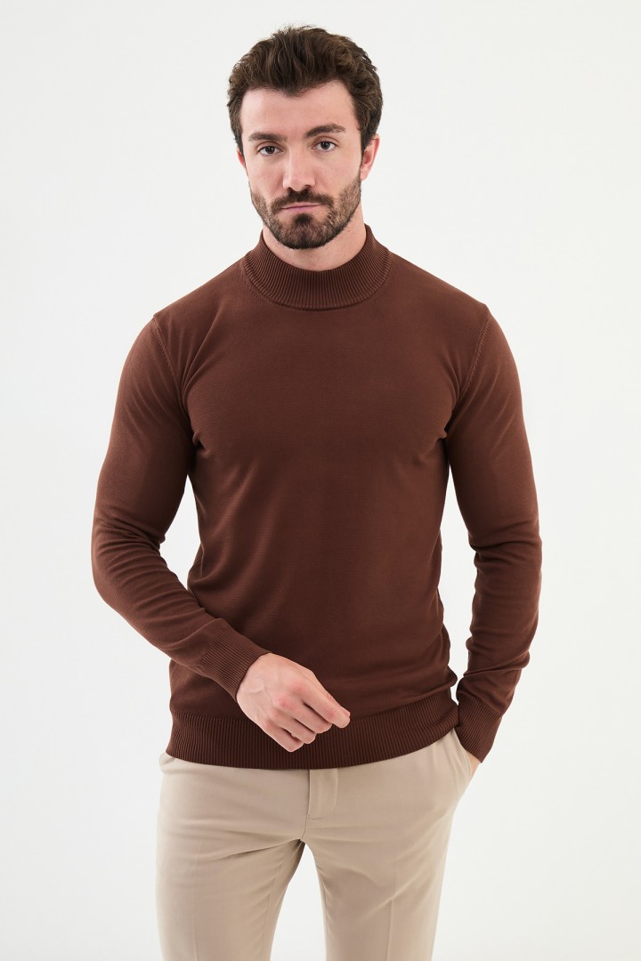 Brown Color Mock Turtleneck Design Classic Men's Knitwear