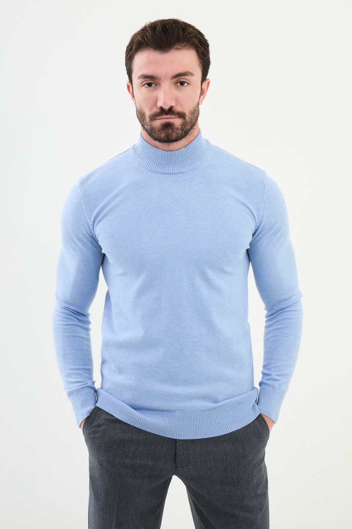 Blue Color Viscose And Elastane Fabric With Mock Turtleneck Detail Casual Men'S Knitwear