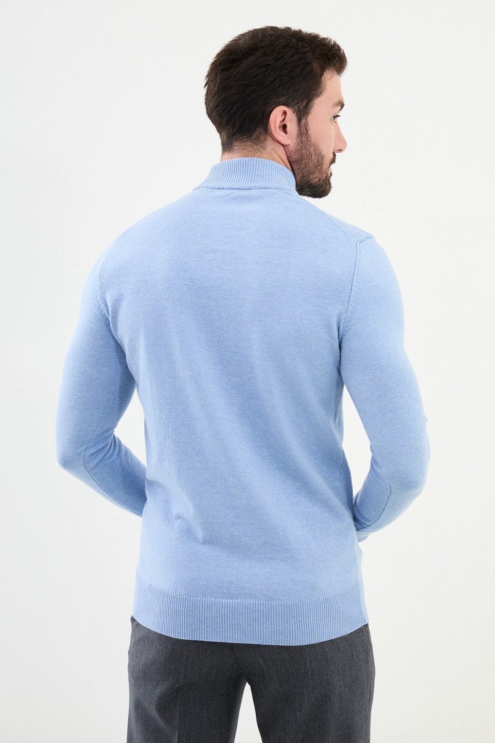 Blue Color Viscose And Elastane Fabric With Mock Turtleneck Detail Casual Men'S Knitwear