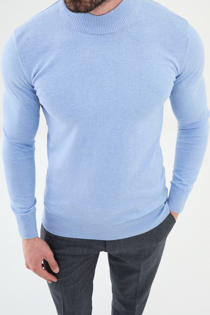 Blue Color Viscose And Elastane Fabric With Mock Turtleneck Detail Casual Men'S Knitwear