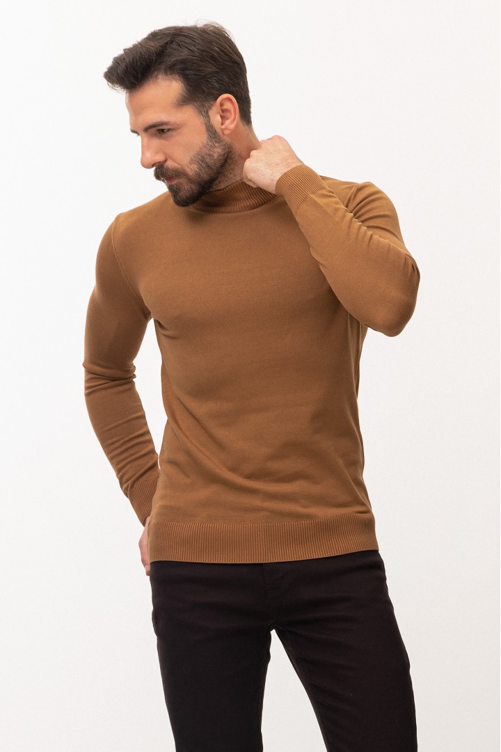 Camel Color Viscose And Elastane Fabric With Mock Turtleneck Detail Casual Men's Knitwear