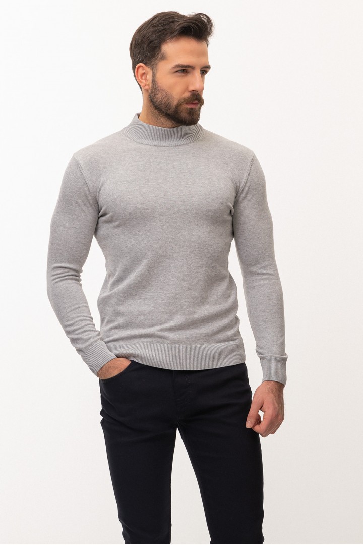 Light Grey Color Viscose And Elastane Fabric With Mock Turtleneck Detail Casual Men's Knitwear