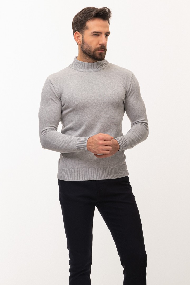 Light Grey Color Viscose And Elastane Fabric With Mock Turtleneck Detail Casual Men's Knitwear