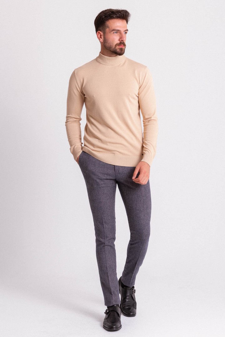 Beige Color Viscose And Elastane Fabric With Mock Turtleneck Detail Casual Men's Knitwear