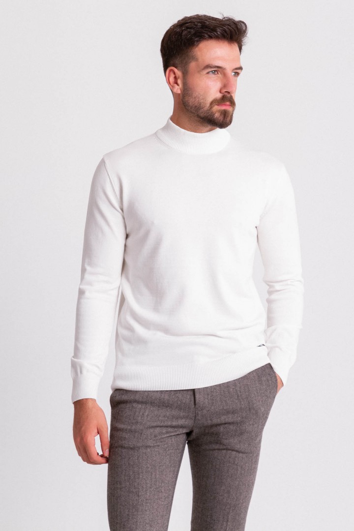 Ecru Color Viscose And Elastane Fabric With Mock Turtleneck Detail Casual Men's Knitwear