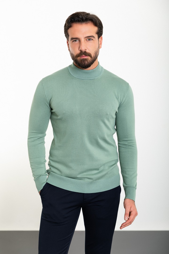 Green Almond Color Viscose And Elastane Fabric With Mock Turtleneck Detail Casual Men's Knitwear