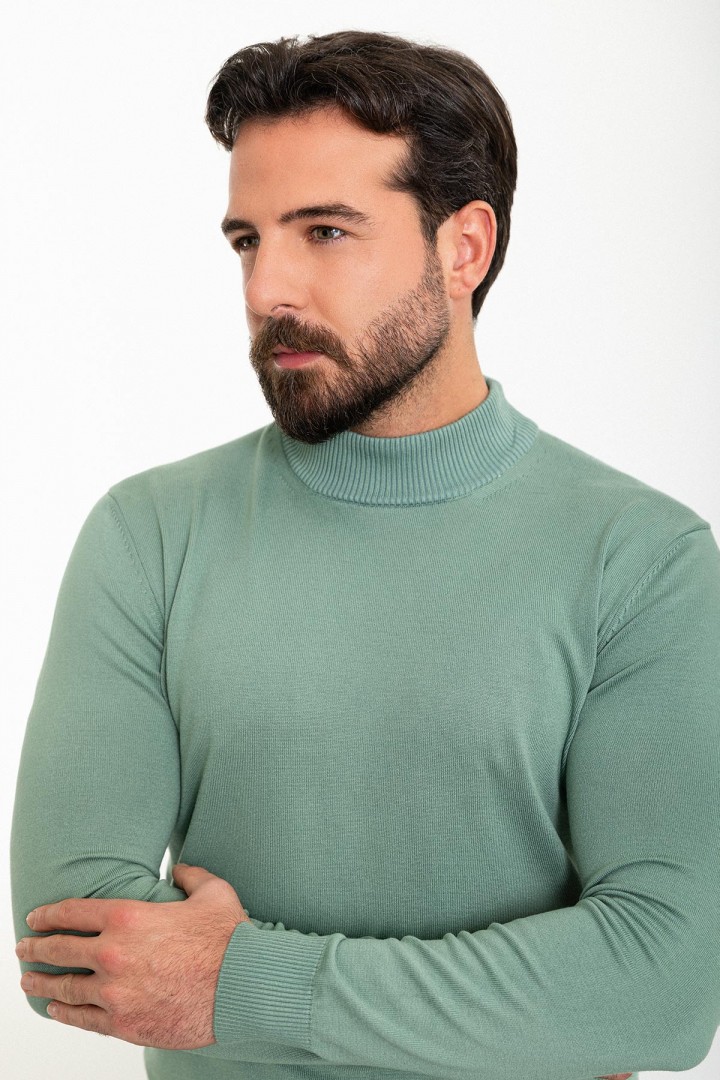 Green Almond Color Viscose And Elastane Fabric With Mock Turtleneck Detail Casual Men's Knitwear