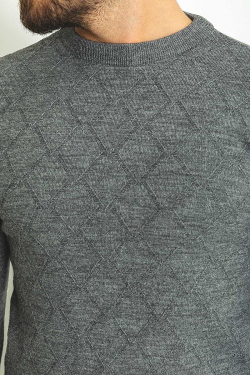 Anthracite Color Wool And Acrylic Fabric With Crew Neck Detail Basic Men's Knitwear
