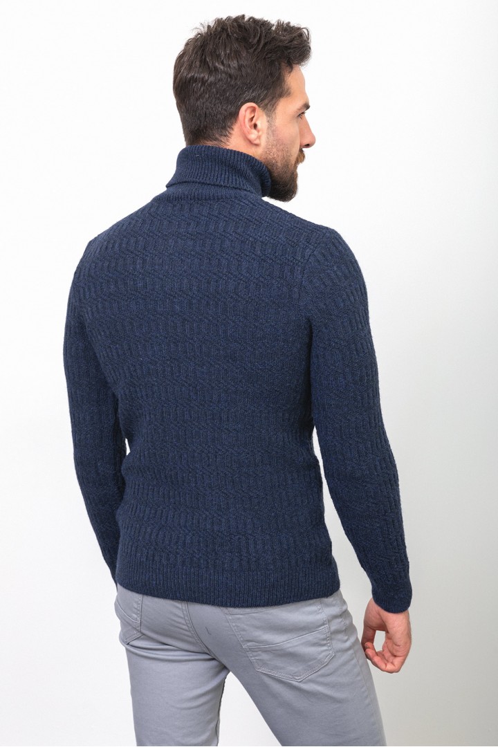 Dark Blue Wool And Acrylic Fabric Pattern Design With Turtleneck Casual Mens Knitwear