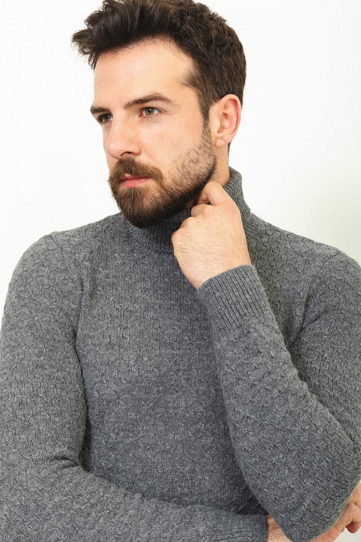 Anthracite Wool And Acrylic Fabric Pattern Design With Mock Turtleneck Casual Mens Knitwear