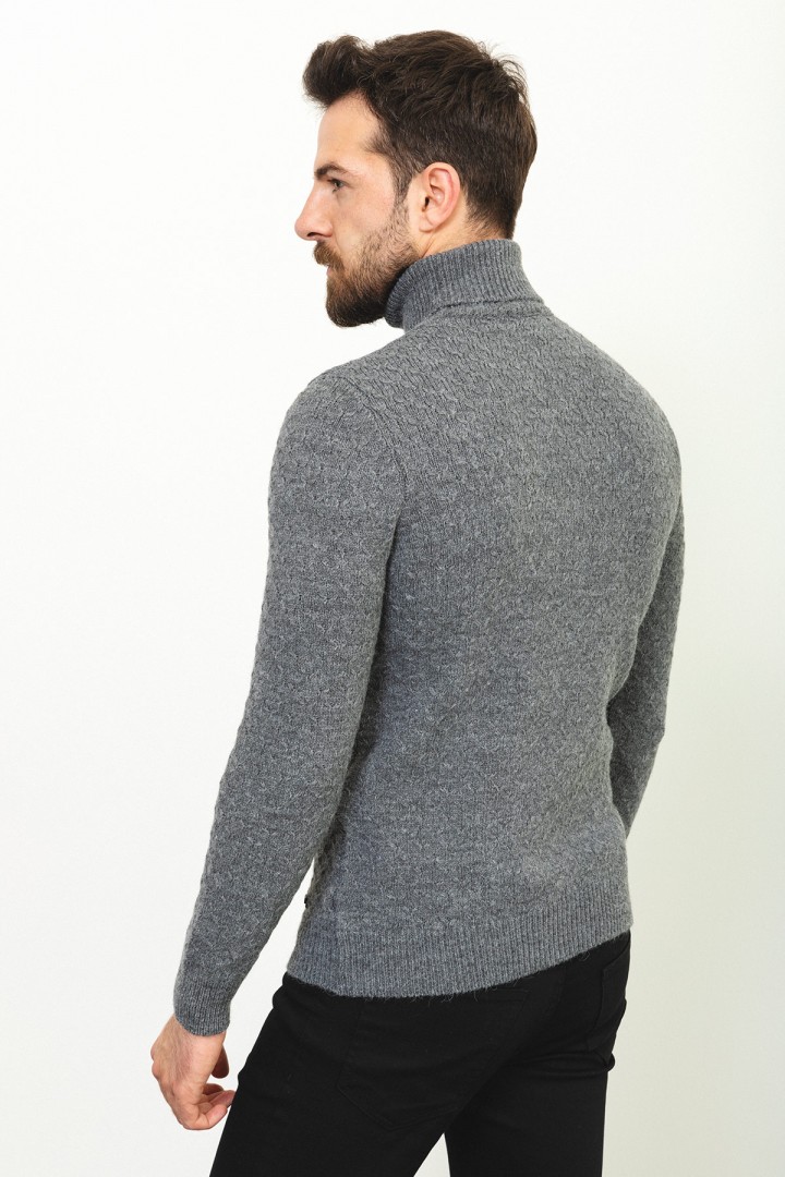 Anthracite Wool And Acrylic Fabric Pattern Design With Mock Turtleneck Casual Mens Knitwear