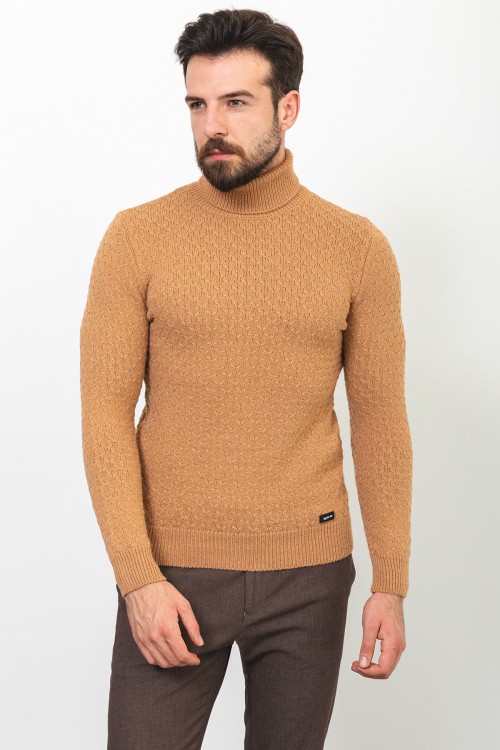 Camel Wool And Acrylic Fabric Pattern Design With Mock Turtleneck Casual Mens Knitwear