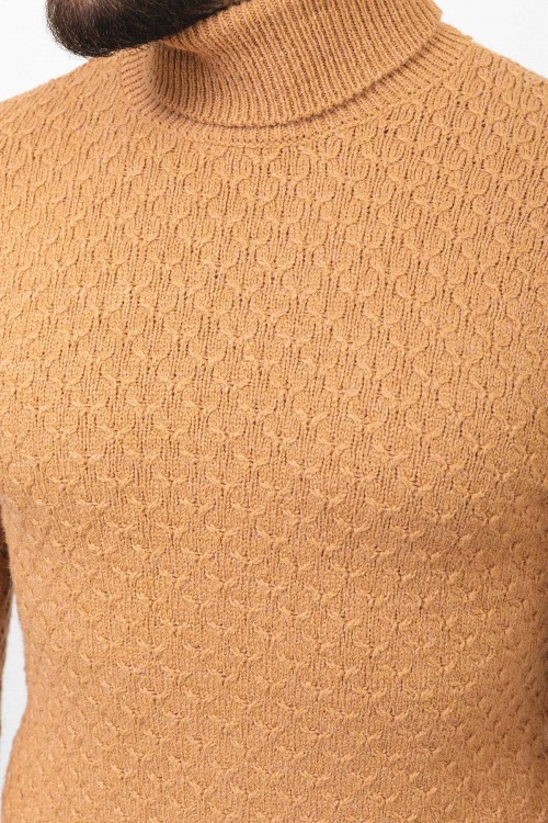 Camel Wool And Acrylic Fabric Pattern Design With Mock Turtleneck Casual Mens Knitwear
