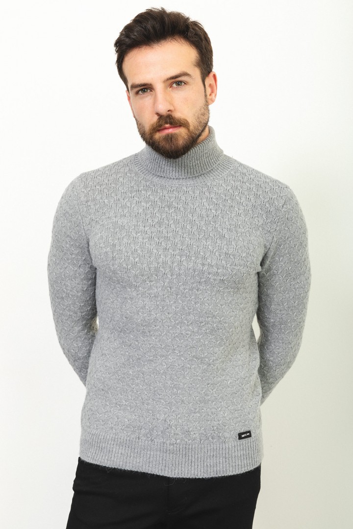 Light Grey Wool And Acrylic Fabric Pattern Design With Mock Turtleneck Casual Mens Knitwear