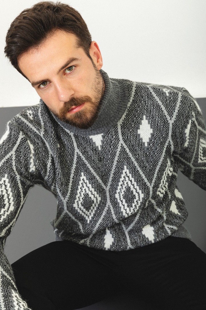 Anthracite Wool And Acrylic Fabric Argyle Design With Turtleneck Casual Mens Knitwear