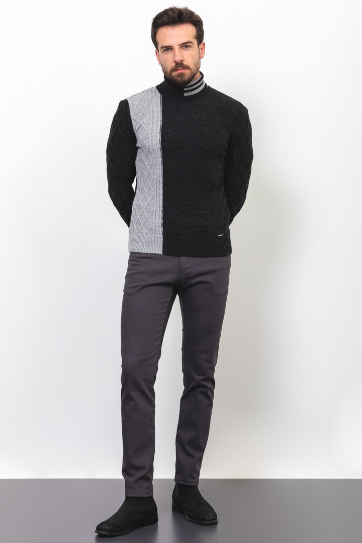 Black And Light Grey Colours Wool And Acrylic Fabric Striped Design Casual Mens Turtleneck Knitwear