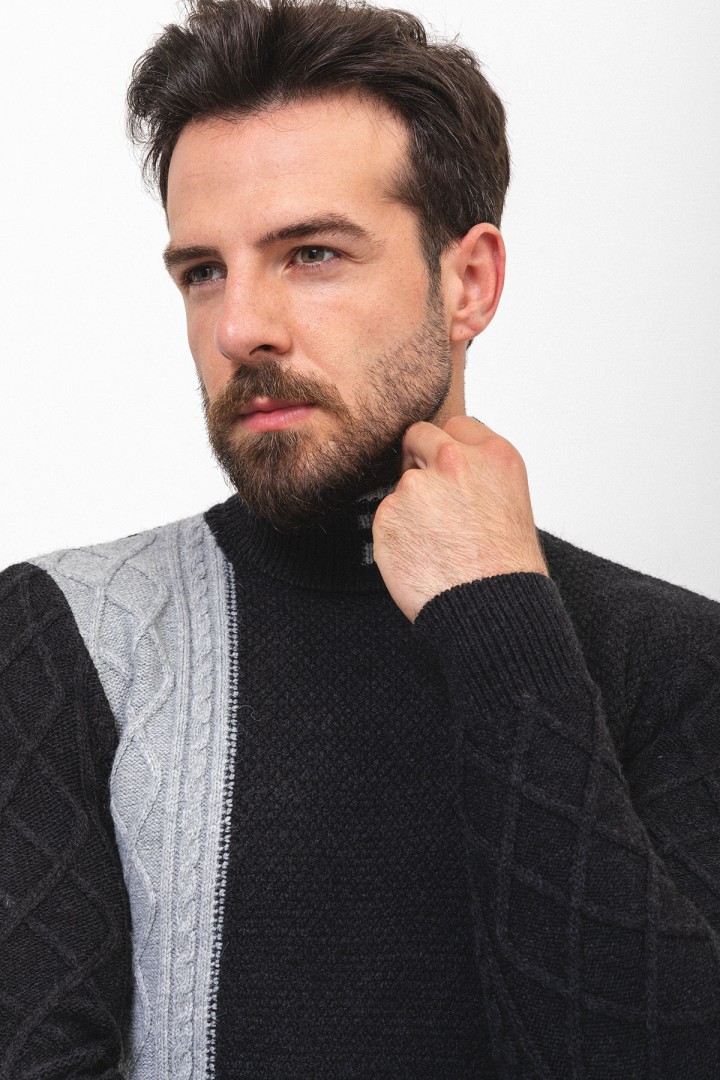 Black And Light Grey Colours Wool And Acrylic Fabric Striped Design Casual Mens Turtleneck Knitwear