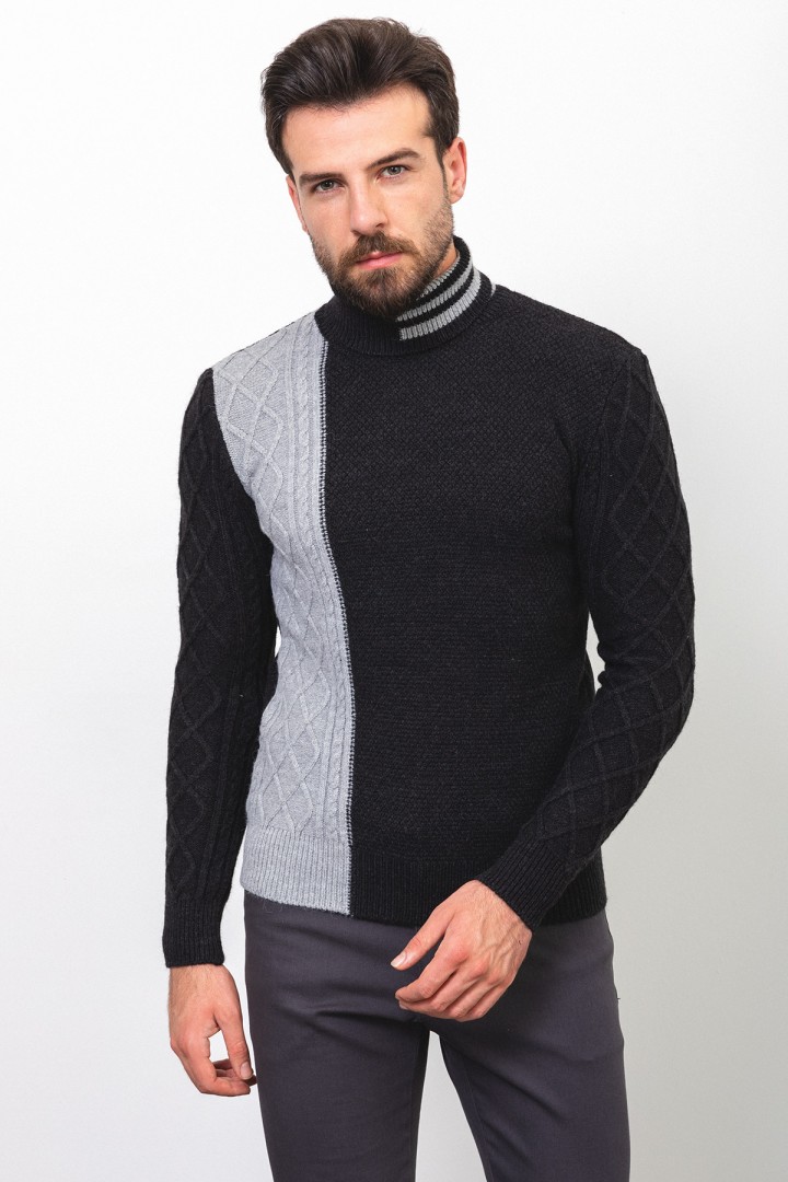 Black And Light Grey Colours Wool And Acrylic Fabric Striped Design Casual Mens Turtleneck Knitwear
