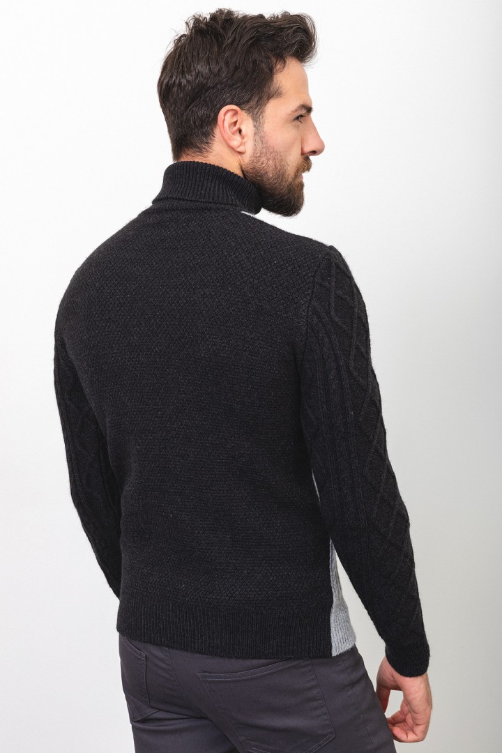 Black And Light Grey Colours Wool And Acrylic Fabric Striped Design Casual Mens Turtleneck Knitwear