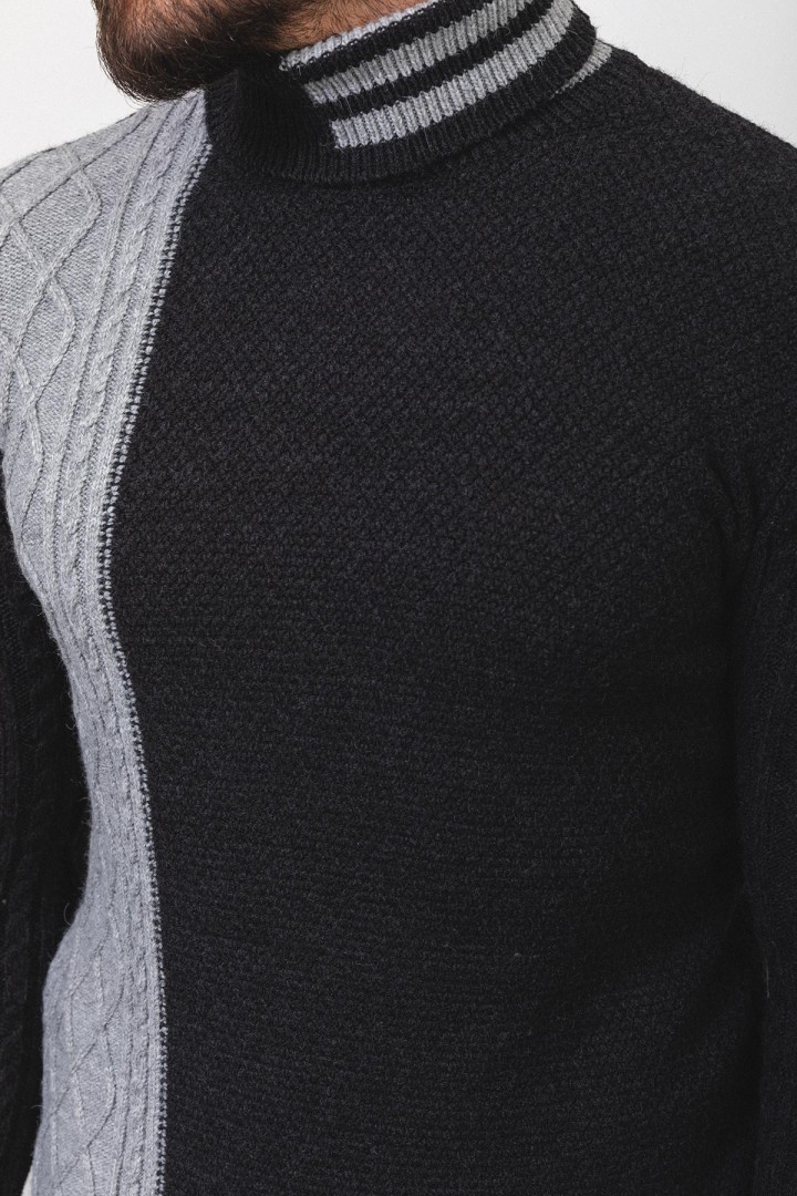 Black And Light Grey Colours Wool And Acrylic Fabric Striped Design Casual Mens Turtleneck Knitwear