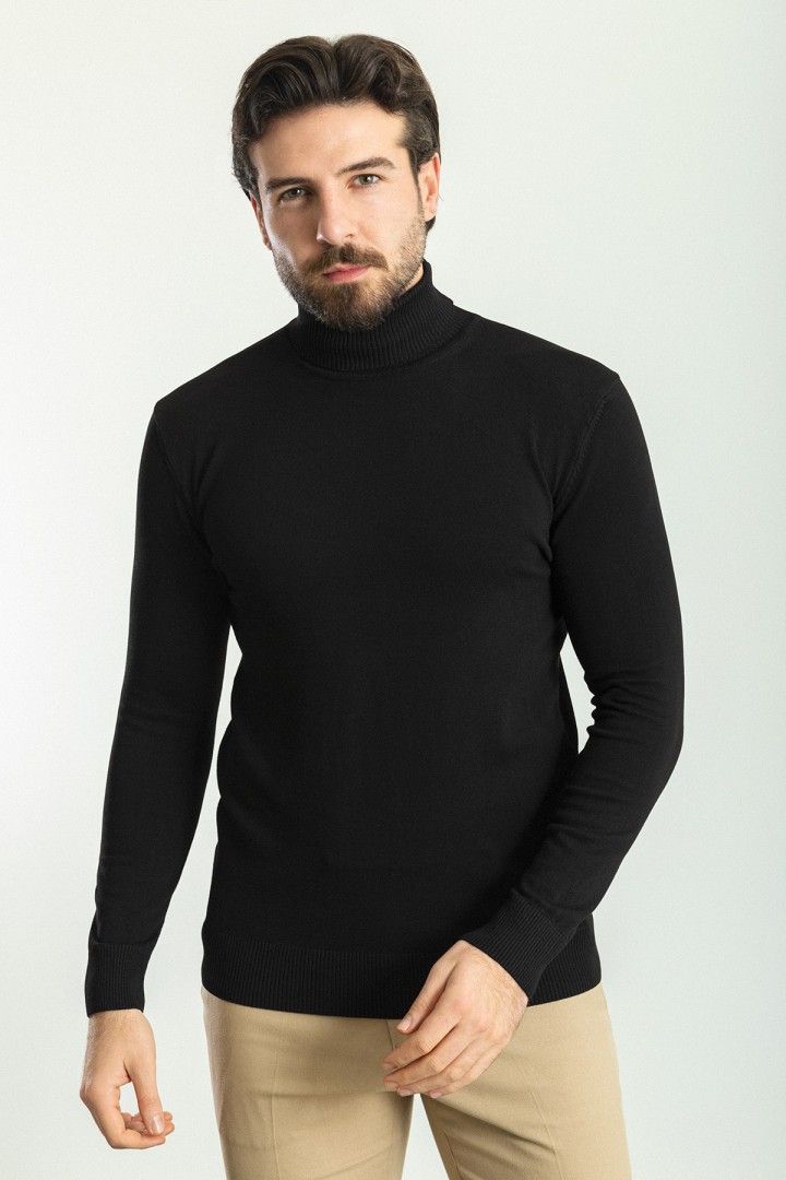 Black Color Viscose And Elastane Fabric With Turtleneck Detail Classic Men's Knitwear