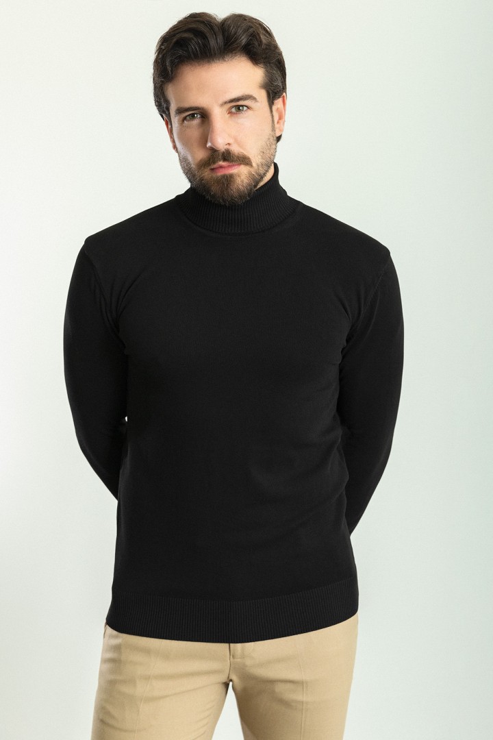 Black Color Viscose And Elastane Fabric With Turtleneck Detail Classic Men's Knitwear