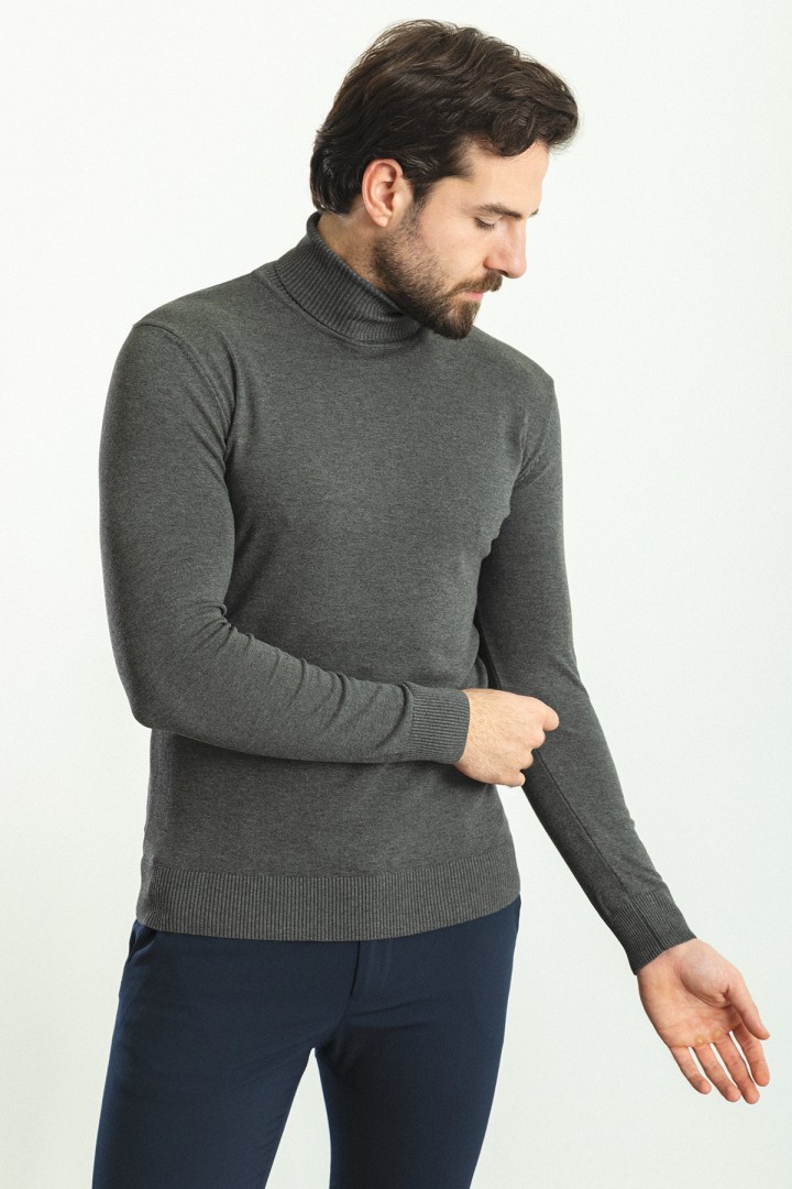 Anthracite Color Viscose And Elastane Fabric With Turtleneck Detail Classic Men's Knitwear
