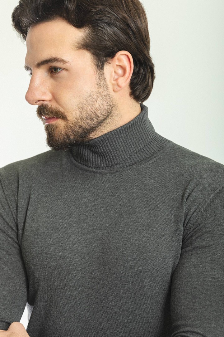 Anthracite Color Viscose And Elastane Fabric With Turtleneck Detail Classic Men's Knitwear