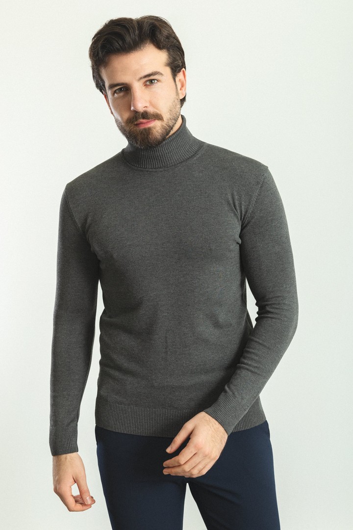 Anthracite Color Viscose And Elastane Fabric With Turtleneck Detail Classic Men's Knitwear