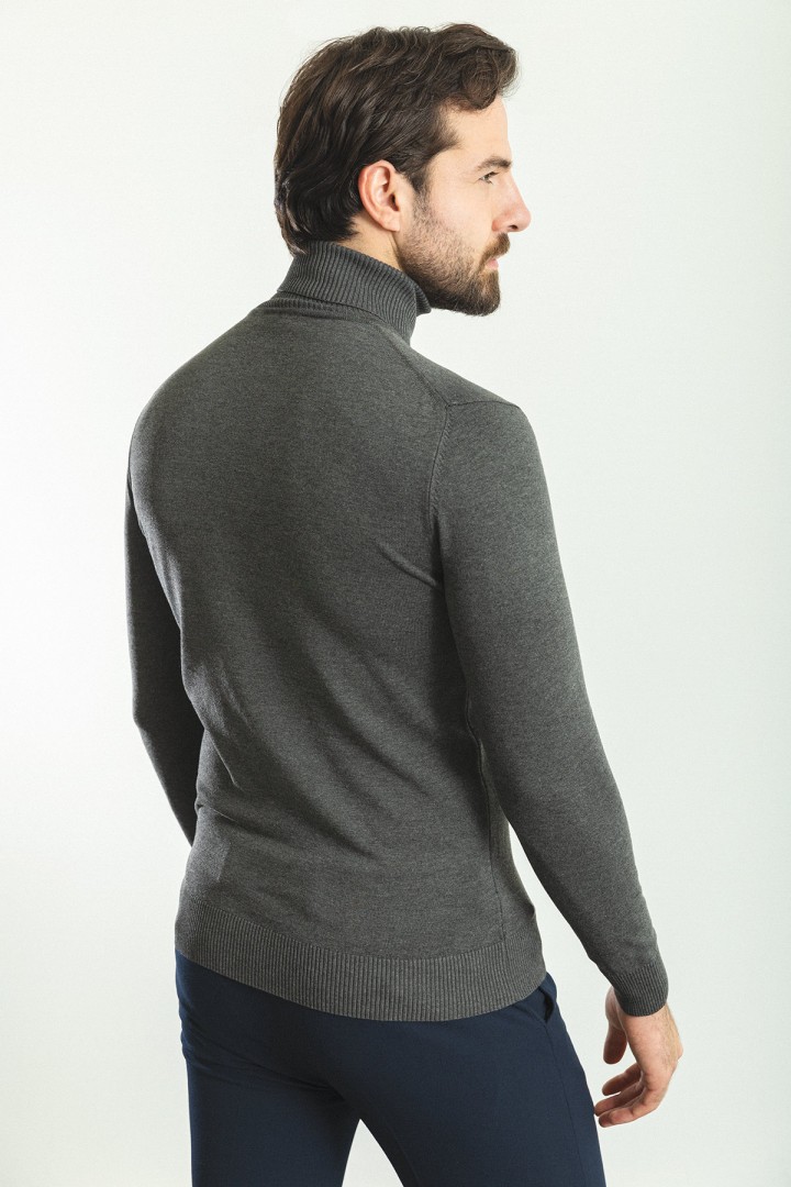 Anthracite Color Viscose And Elastane Fabric With Turtleneck Detail Classic Men's Knitwear