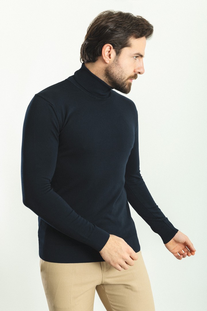 Dark Blue Color Viscose And Elastane Fabric With Turtleneck Detail Classic Men's Knitwear