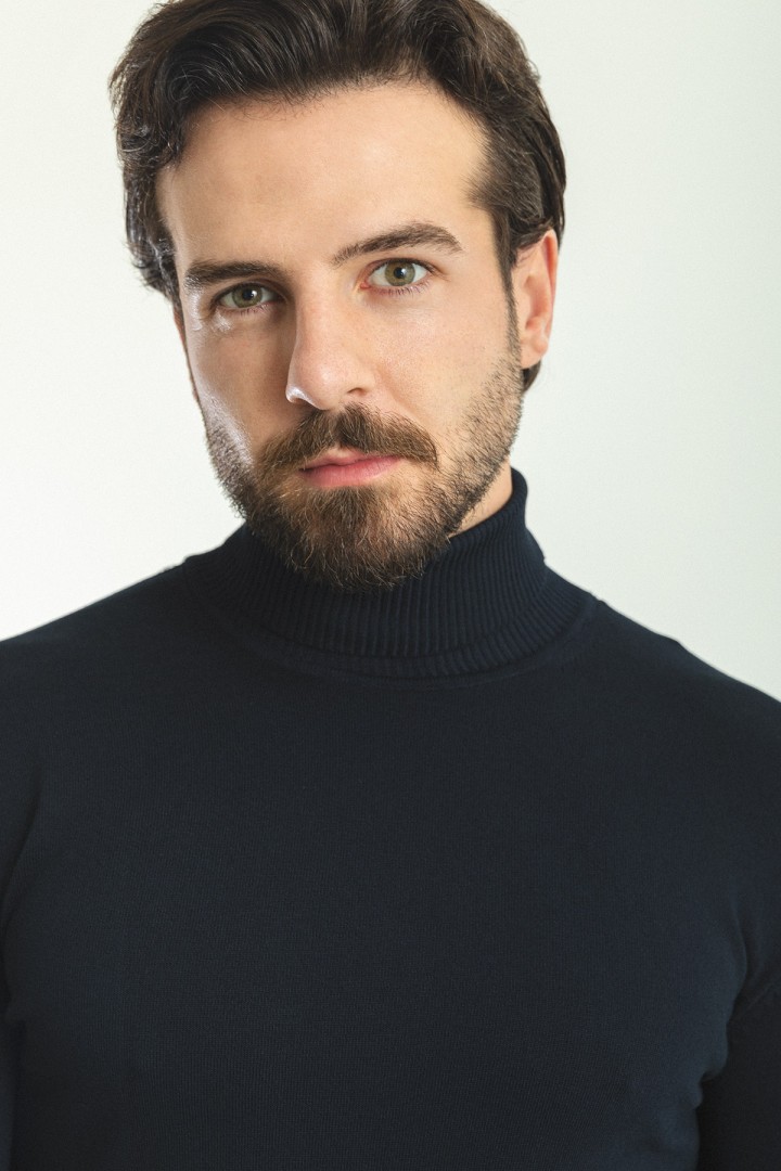 Dark Blue Color Viscose And Elastane Fabric With Turtleneck Detail Classic Men's Knitwear