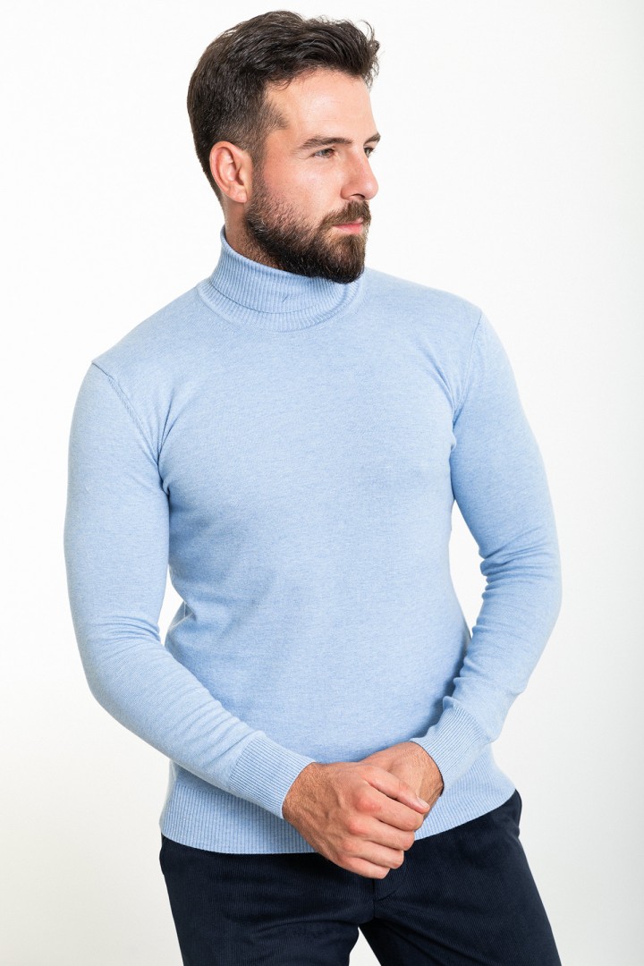 Blue Color Viscose And Elastane Fabric With Turtleneck Design Classic Men's Knitwear
