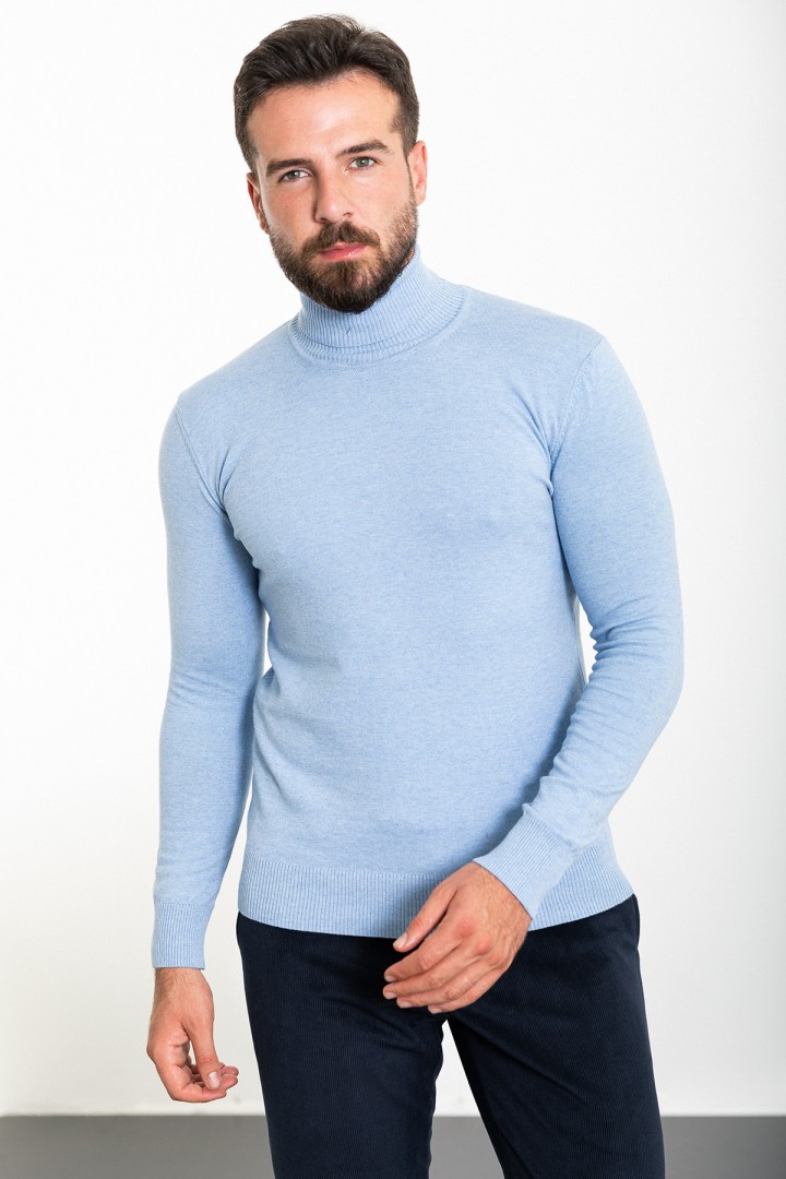 Blue Color Viscose And Elastane Fabric With Turtleneck Design Classic Men's Knitwear