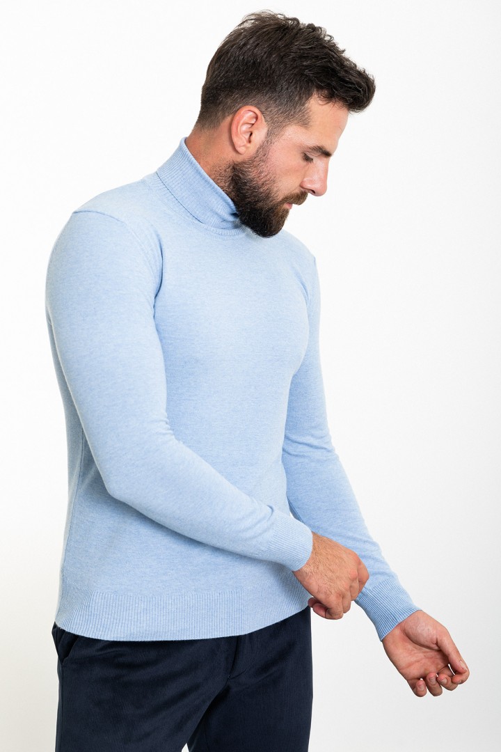 Blue Color Viscose And Elastane Fabric With Turtleneck Design Classic Men's Knitwear