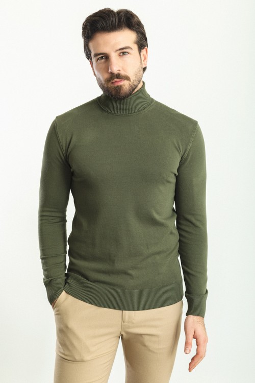 Khaki Color Viscose And Elastane Fabric With Turtleneck Detail Classic Men's Knitwear
