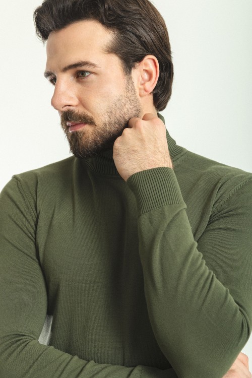 Khaki Color Viscose And Elastane Fabric With Turtleneck Detail Classic Men's Knitwear