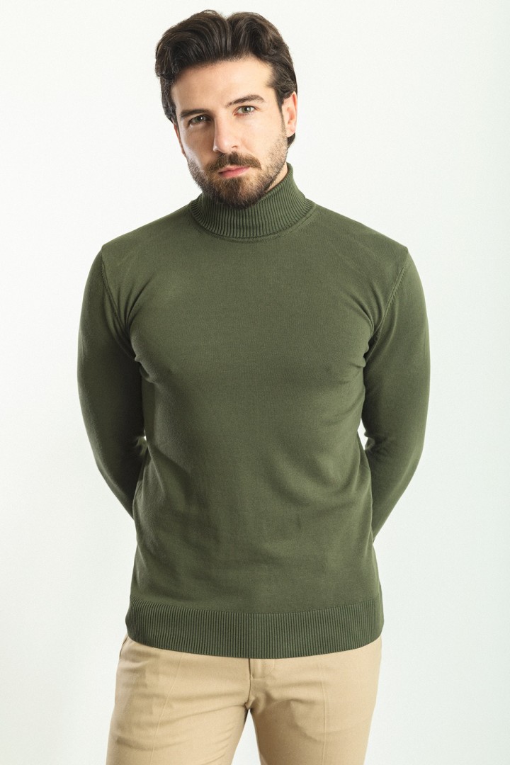 Khaki Color Viscose And Elastane Fabric With Turtleneck Detail Classic Men's Knitwear