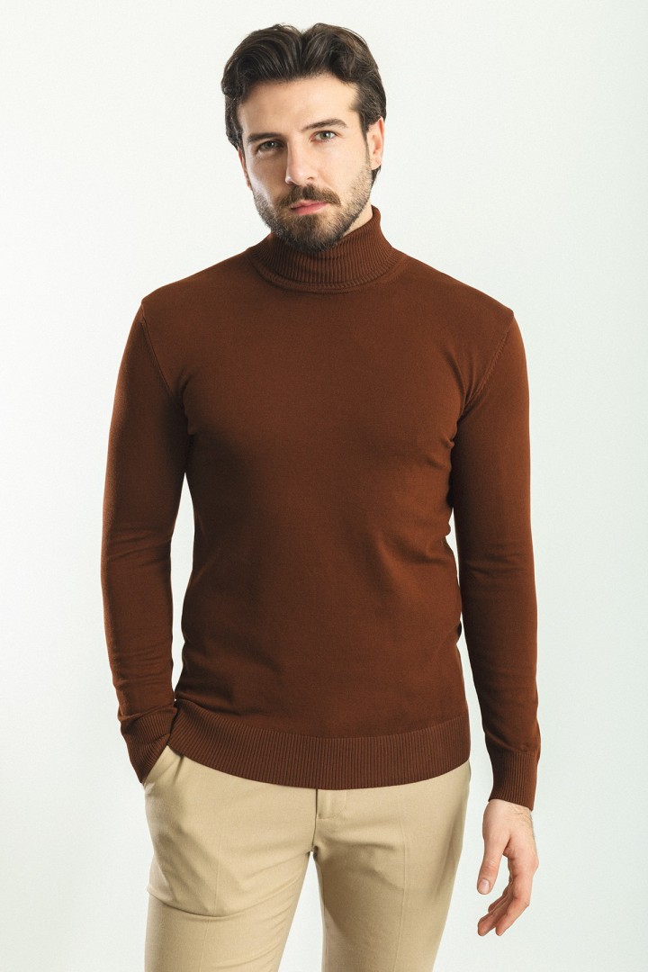 Tile Color Viscose And Elastane Fabric With Turtleneck Detail Classic Men's Knitwear