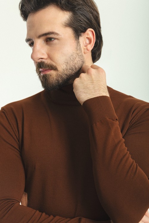 Tile Color Viscose And Elastane Fabric With Turtleneck Detail Classic Men's Knitwear